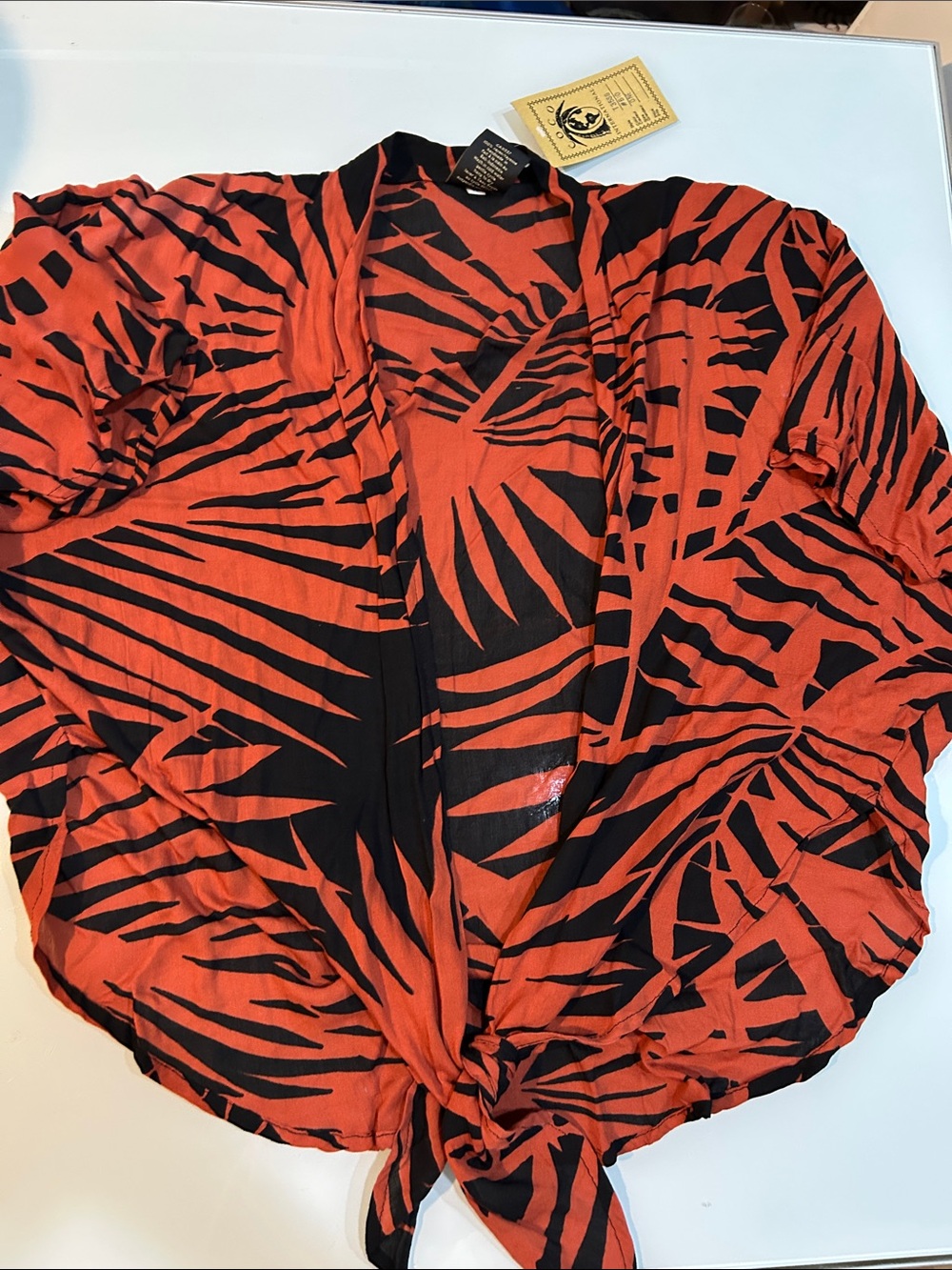 NWT Womens rust/orange & Black Tie-Front rayon hand dyed top Coco International